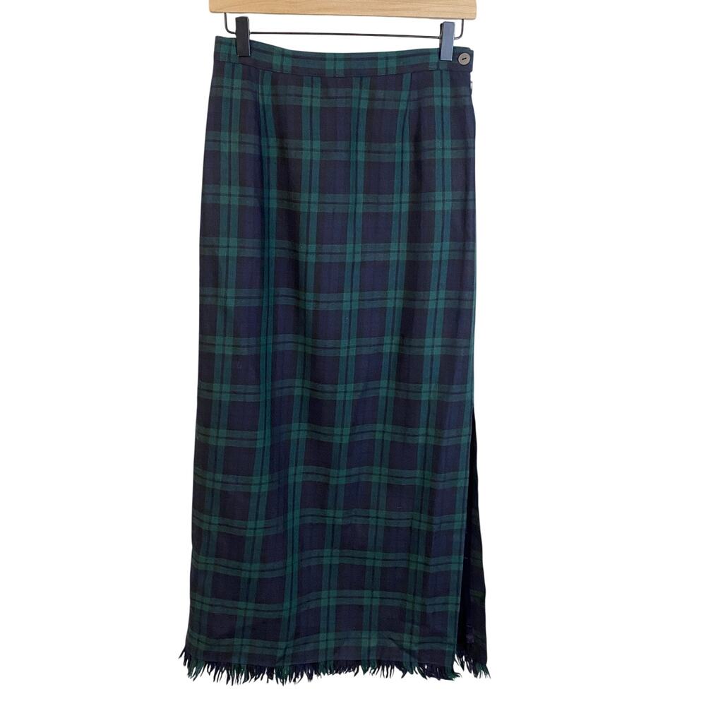 VTG Wool Tartan Plaid Fringe Maxi Skirt Side Slit Dark Academia Blue Green Sz 6